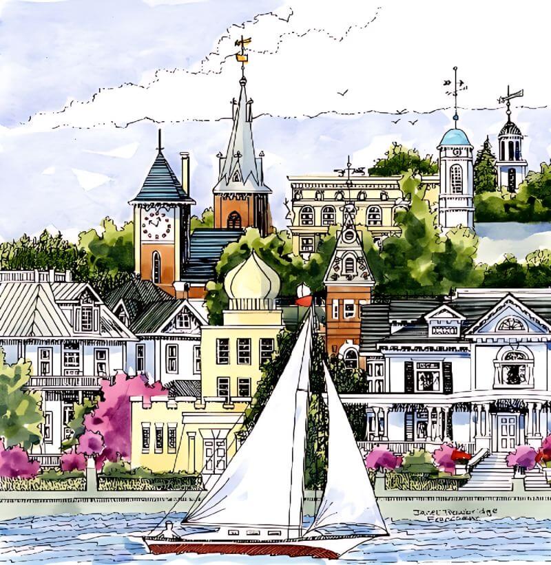 Watercolor of sailboat on river in front of New Bern buildings