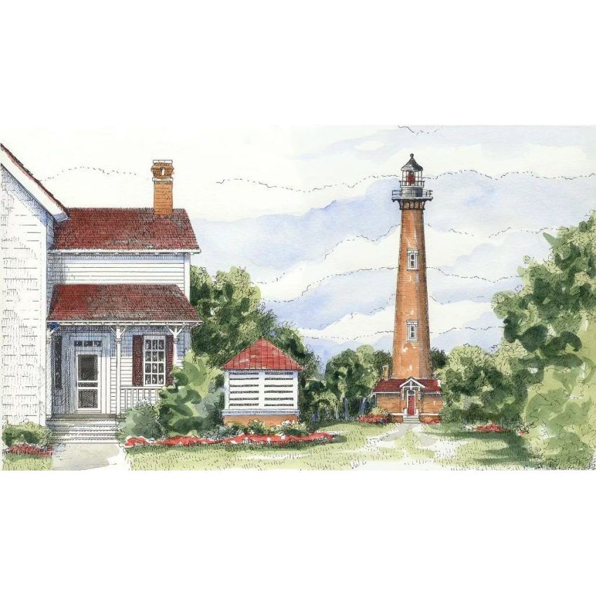 watercolor drawing of lighthouse and house
