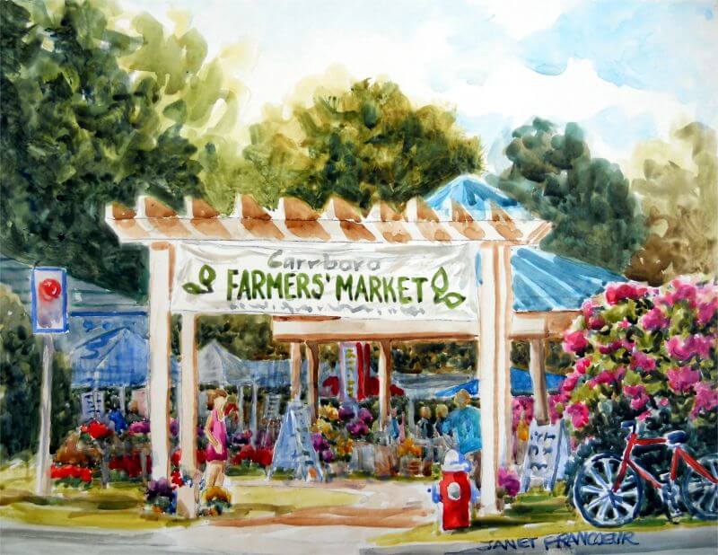 Original watercolor of farmers market