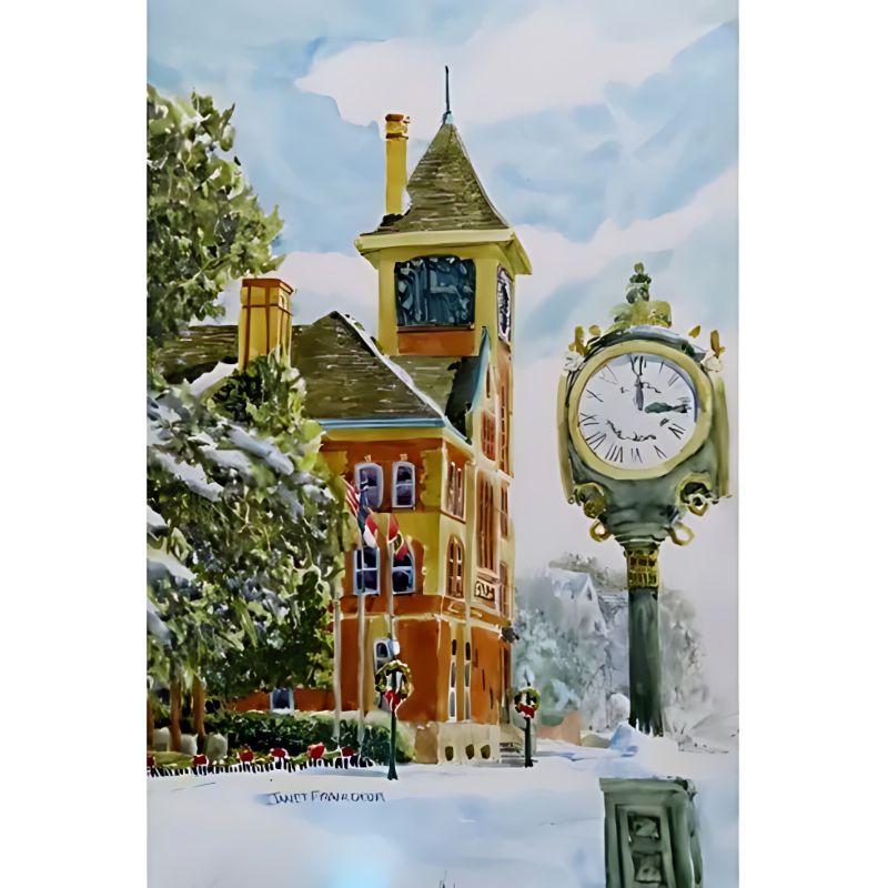 New Bern City Hall and Baxter Clock at Christmas - Giclée Print