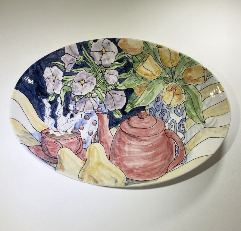 Celebration Pottery Platter - Teapot and Tulips