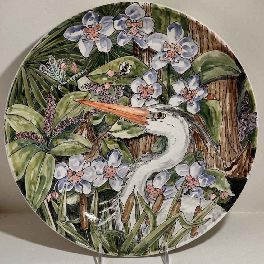 Celebration Pottery Platter Heron and Orchids