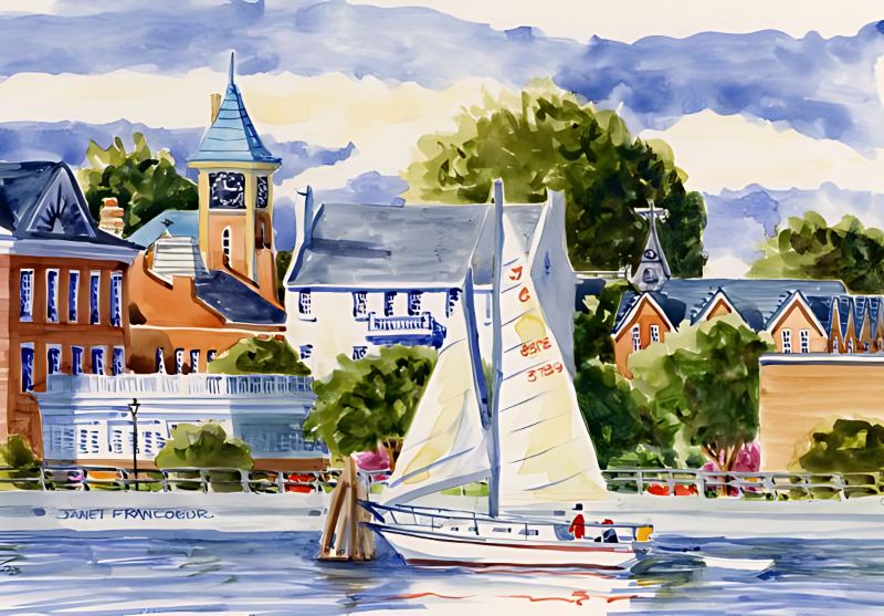 Riverfront view of sailboat along Neuse with New Bern buildings in distance