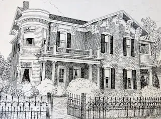 Ink architectural drawing of old two-story home surrounded by black wrought iron fence