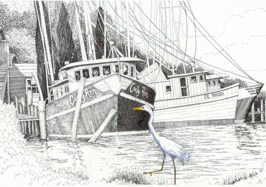 Charcoal drawing of Egret walking on sand with boat in background