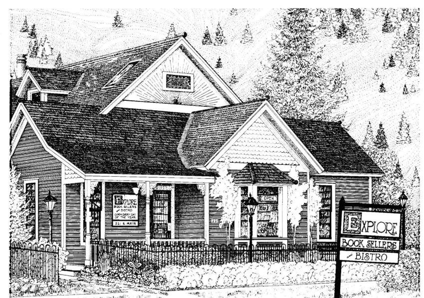 Charcoal drawing of one-story building with small front porch, shingled roof surrounded by black wrought iron fence