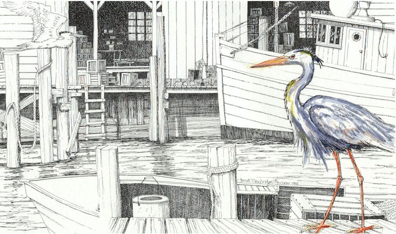 Charcoal drawing of heron on wood dock and fishing boats and fish store in back