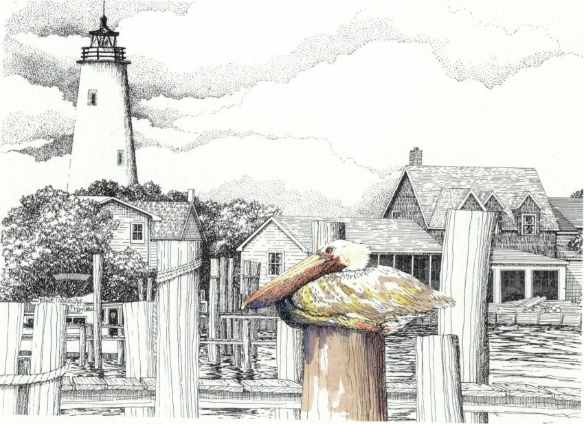 Pelican resting on support piling on ocean bay