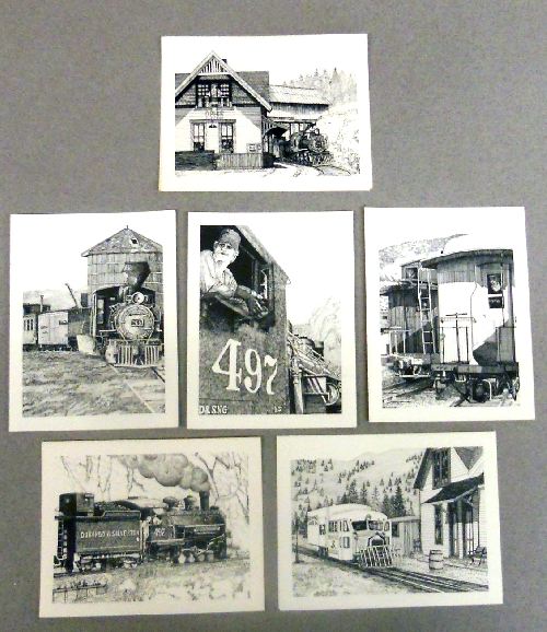 Collage of black and white ink drawings of trains and train depots