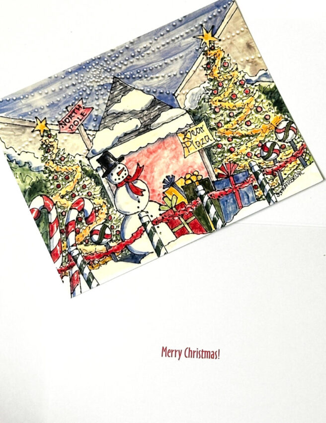 Watercolor art of snowman, Christmas trees in plaza