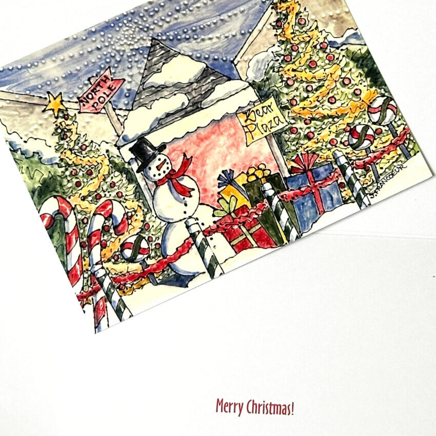 Watercolor art of snowman, Christmas trees in plaza