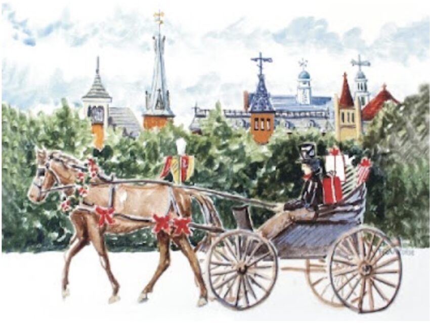 Watercolor of horse pulling a carriage with New Bern, NC skyline in background